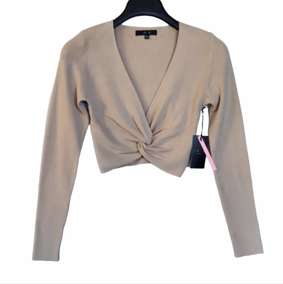 Crop Sweater Womens Small Taupe Knot Front Cropped V Neck Long Sleeve New - Picture 2 of 12